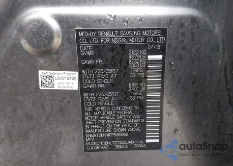 2015 Nissan Rogue Sv from USA, damaged, VIN KNMAT2MV4FP585968